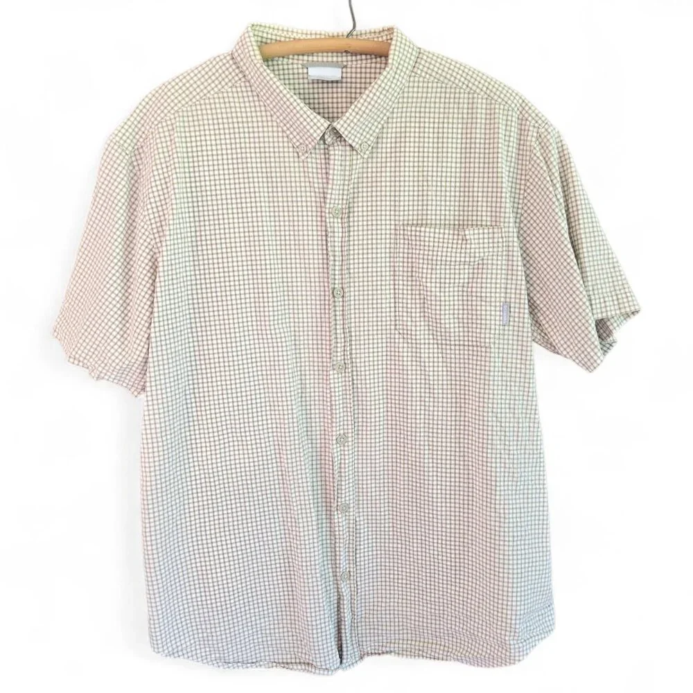 Columbia Mens XXL Beige Plaid Short-Sleeve Button-Up Shirt 100% Cotton Casual We - Picture 1 of 8